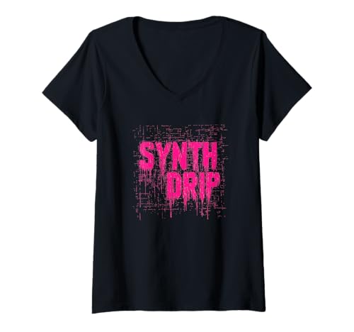 Damen Cooles Synth Drip Emblem Kostüm T-Shirt mit V-Ausschnitt von Synth Outfit