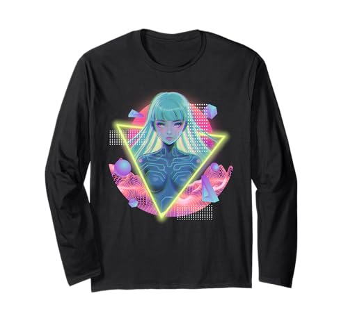 Cyber Girl Vaporwave Futuristic Grid Anime-Synthesizer Langarmshirt von SynthSoul