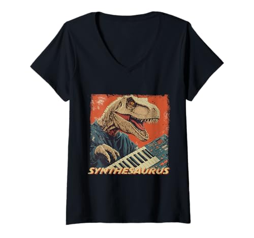 Damen Vintage Synthesaurus Analog Japan Synth DJ Analog Producer T-Shirt mit V-Ausschnitt Damen Vintage Synthesaurus Analog Japan Synth DJ Analog Producer T-Shirt mit V-Ausschnitt von Synthesizer Analog Synth Techno Drum Machine