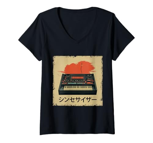 Damen Vintage Synthesizer Analog Synth Japanese DJ Analog Producer T-Shirt mit V-Ausschnitt Damen Vintage Synthesizer Analog Synth Japanese DJ Analog Producer T-Shirt mit V-Ausschnitt von Synthesizer Analog Synth Techno Drum Machine