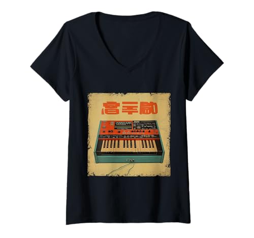 Damen Vintage Synthesizer Analog Synth Japanese DJ Analog Producer T-Shirt mit V-Ausschnitt Damen Vintage Synthesizer Analog Synth Japanese DJ Analog Producer T-Shirt mit V-Ausschnitt von Synthesizer Analog Synth Techno Drum Machine