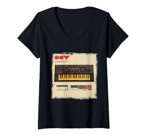 Damen Vintage Synthesizer Analog Synth Japanese DJ Analog Producer T-Shirt mit V-Ausschnitt Damen Vintage Synthesizer Analog Synth Japanese DJ Analog Producer T-Shirt mit V-Ausschnitt von Synthesizer Analog Synth Techno Drum Machine