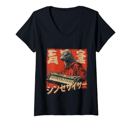 Damen Vintage Synthesizer Analog Synth Kaiju Japanese Analog DJ T-Shirt mit V-Ausschnitt Damen Vintage Synthesizer Analog Synth Kaiju Japanese Analog DJ T-Shirt mit V-Ausschnitt von Synthesizer Analog Synth Techno Drum Machine