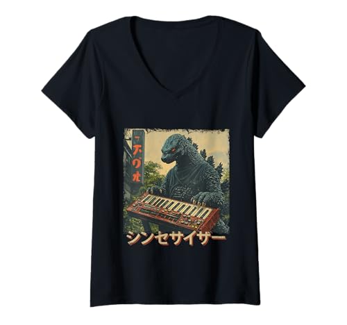 Damen Vintage Synthesizer Analog Synth Kaiju Japanese Analog DJ T-Shirt mit V-Ausschnitt Damen Vintage Synthesizer Analog Synth Kaiju Japanese Analog DJ T-Shirt mit V-Ausschnitt von Synthesizer Analog Synth Techno Drum Machine