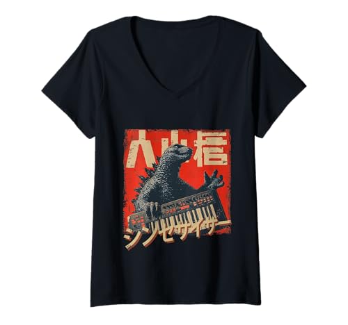 Damen Vintage Synthesizer Analog Synth Kaiju Japanese Analog DJ T-Shirt mit V-Ausschnitt Damen Vintage Synthesizer Analog Synth Kaiju Japanese Analog DJ T-Shirt mit V-Ausschnitt von Synthesizer Analog Synth Techno Drum Machine