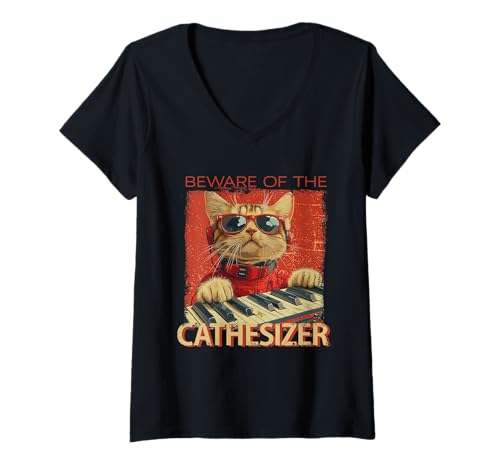 Damen Vintage Synthesizer Cathesizer Katze Analog Synth DJ Analog T-Shirt mit V-Ausschnitt Damen Vintage Synthesizer Cathesizer Katze Analog Synth DJ Analog T-Shirt mit V-Ausschnitt von Synthesizer Analog Synth Techno Drum Machine