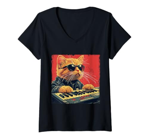 Damen Vintage Synthesizer Cathesizer Katze Analog Synth DJ Analog T-Shirt mit V-Ausschnitt Damen Vintage Synthesizer Cathesizer Katze Analog Synth DJ Analog T-Shirt mit V-Ausschnitt von Synthesizer Analog Synth Techno Drum Machine