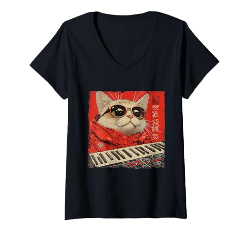 Damen Vintage Synthesizer Cathesizer Katze Analog Synth DJ Analog T-Shirt mit V-Ausschnitt Damen Vintage Synthesizer Cathesizer Katze Analog Synth DJ Analog T-Shirt mit V-Ausschnitt von Synthesizer Analog Synth Techno Drum Machine