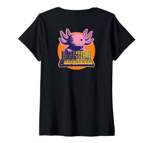 Damen Backprint | Synthpop New-Wave-Musik Axolotls Synthesizer T-Shirt mit V-Ausschnitt Damen Backprint | Synthpop New-Wave-Musik Axolotls Synthesizer T-Shirt mit V-Ausschnitt von Synthesizer-Keyboard Zubehör Geschenke Shirts