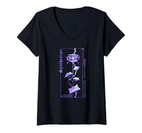Damen Modular-Analog Synth-Pop New-Wave-Musik Keyboard-Synthesizer T-Shirt mit V-Ausschnitt von Synthesizer-Keyboard Zubehör Geschenke Shirts