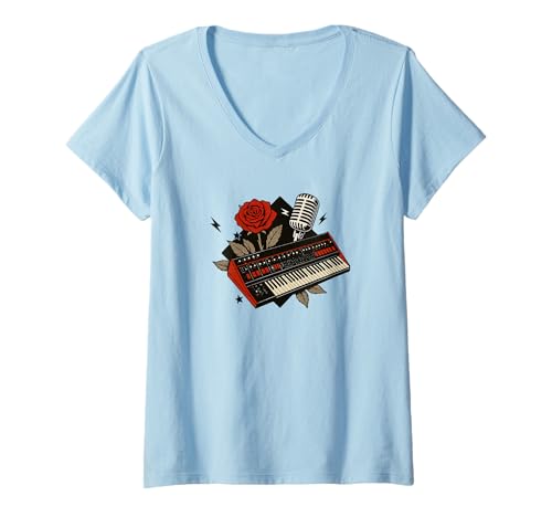 Damen Synth-Pop, New-Wave-Musik, Dark-Wave, Keyboard-Synthesizer T-Shirt mit V-Ausschnitt Damen Synth-Pop, New-Wave-Musik, Dark-Wave, Keyboard-Synthesizer T-Shirt mit V-Ausschnitt von Synthesizer-Keyboard Zubehör Geschenke Shirts