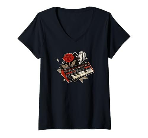 Damen Synth-Pop, New-Wave-Musik, Dark-Wave, Synthesizer-Synth T-Shirt mit V-Ausschnitt Damen Synth-Pop, New-Wave-Musik, Dark-Wave, Synthesizer-Synth T-Shirt mit V-Ausschnitt von Synthesizer-Keyboard Zubehör Geschenke Shirts