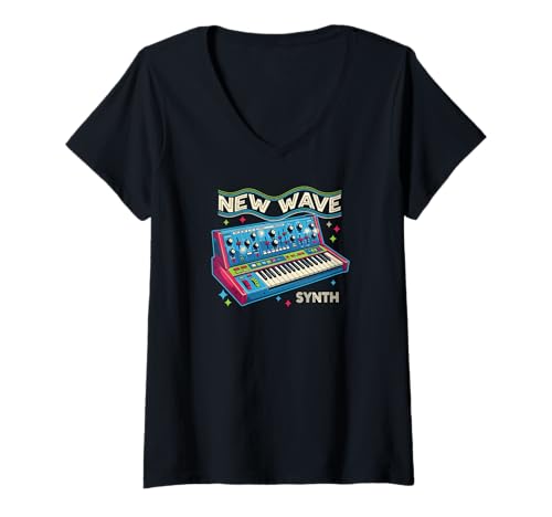 Damen Synth-Pop, New-Wave-Musik Dark-Wave 80er - 90er Synthesizer T-Shirt mit V-Ausschnitt Damen Synth-Pop, New-Wave-Musik Dark-Wave 80er - 90er Synthesizer T-Shirt mit V-Ausschnitt von Synthesizer-Keyboard Zubehör Geschenke Shirts