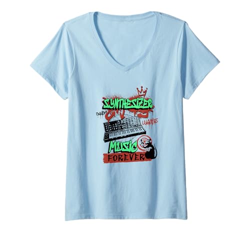 Damen Synth-Pop, New-Wave-Musik Dark-Wave Graffitiart Synthesizer T-Shirt mit V-Ausschnitt Damen Synth-Pop, New-Wave-Musik Dark-Wave Graffitiart Synthesizer T-Shirt mit V-Ausschnitt von Synthesizer-Keyboard Zubehör Geschenke Shirts