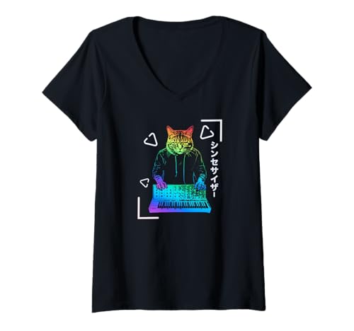 Damen Synthpop New-Wave-Musik, Katzen Synth-Japanese Synthesizer T-Shirt mit V-Ausschnitt Damen Synthpop New-Wave-Musik, Katzen Synth-Japanese Synthesizer T-Shirt mit V-Ausschnitt von Synthesizer-Keyboard Zubehör Geschenke Shirts