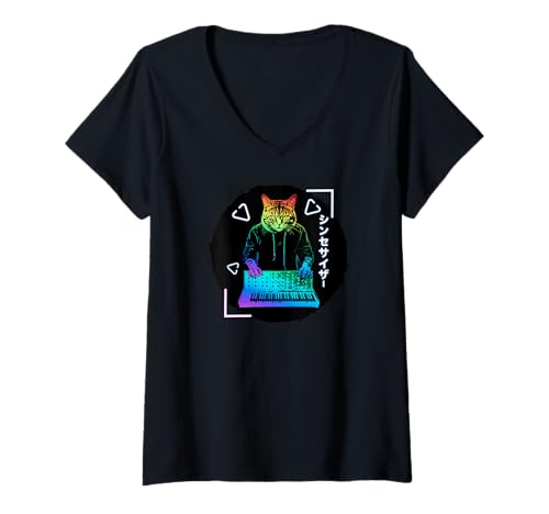 Damen Synthpop New-Wave-Musik, Katzen Synth-Japanese Synthesizer T-Shirt mit V-Ausschnitt Damen Synthpop New-Wave-Musik, Katzen Synth-Japanese Synthesizer T-Shirt mit V-Ausschnitt von Synthesizer-Keyboard Zubehör Geschenke Shirts