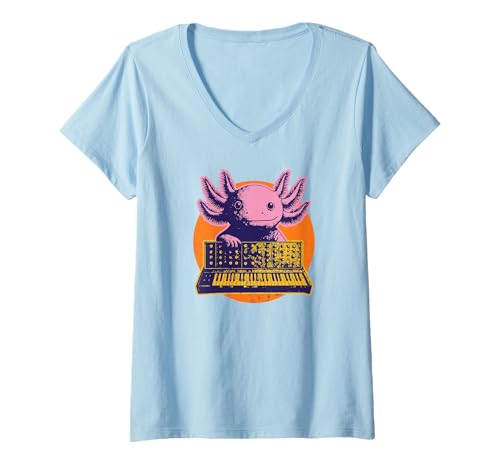 Damen Synthpop New-Wave-Musik Dark-Wave Axolotls-Tiere Synthesizer T-Shirt mit V-Ausschnitt Damen Synthpop New-Wave-Musik Dark-Wave Axolotls-Tiere Synthesizer T-Shirt mit V-Ausschnitt von Synthesizer-Keyboard Zubehör Geschenke Shirts