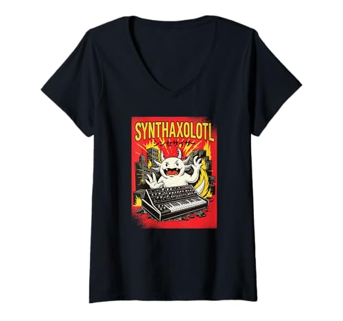 Damen Synthpop Synthaxolotl, Synth-Wave-Musik Japanese Synthesizer T-Shirt mit V-Ausschnitt Damen Synthpop Synthaxolotl, Synth-Wave-Musik Japanese Synthesizer T-Shirt mit V-Ausschnitt von Synthesizer-Keyboard Zubehör Geschenke Shirts