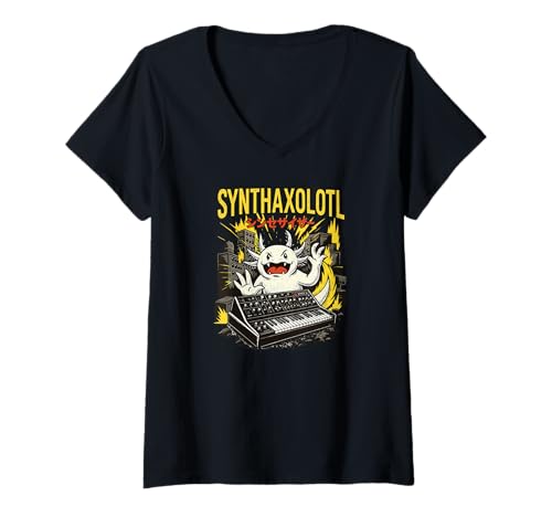 Damen Synthpop Synthaxolotl, Synth-Wave-Musik Japanese Synthesizer T-Shirt mit V-Ausschnitt Damen Synthpop Synthaxolotl, Synth-Wave-Musik Japanese Synthesizer T-Shirt mit V-Ausschnitt von Synthesizer-Keyboard Zubehör Geschenke Shirts