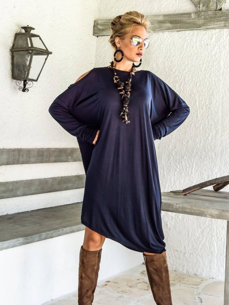 Navy Blau Tunika/Kalte Schulter Große Größe Kleid Für Jeden Tag Lockeres Kleidung in Übergröße Schwarze #35031 von SynthiaCouture