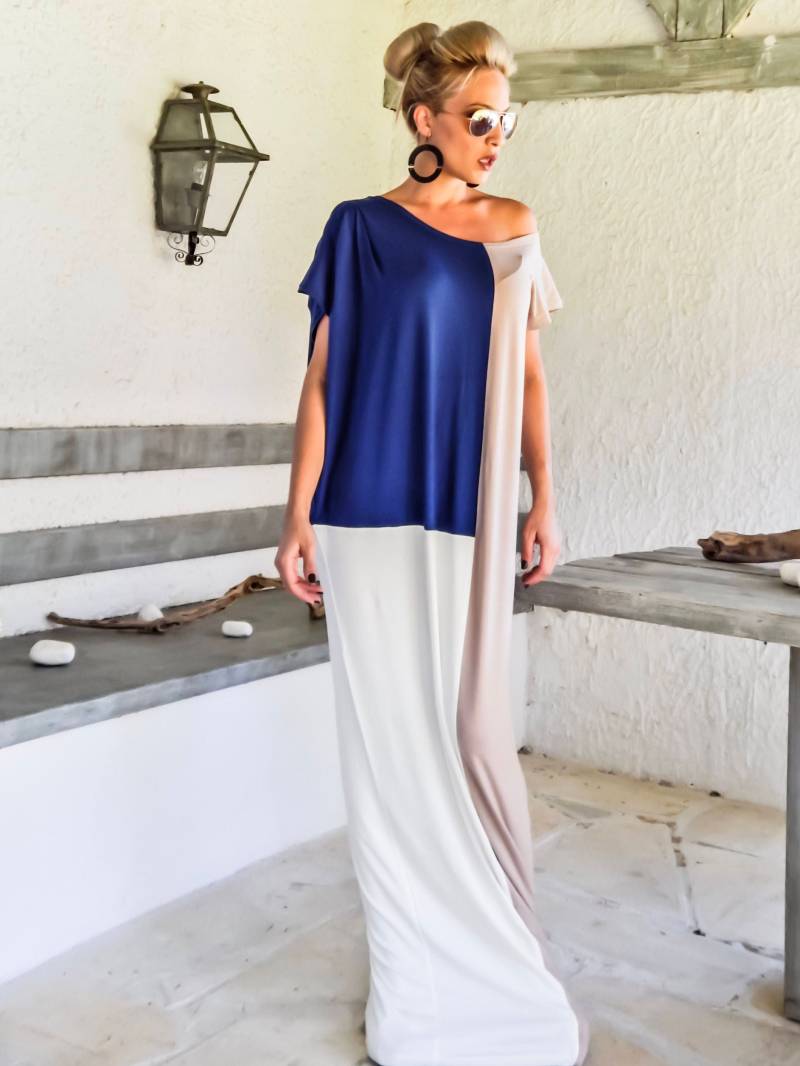 Neues Maxi Kleid/Frühling Sommer Plus Size Beiges Blaues Sommerkleid Kaftan #35239 von SynthiaCouture