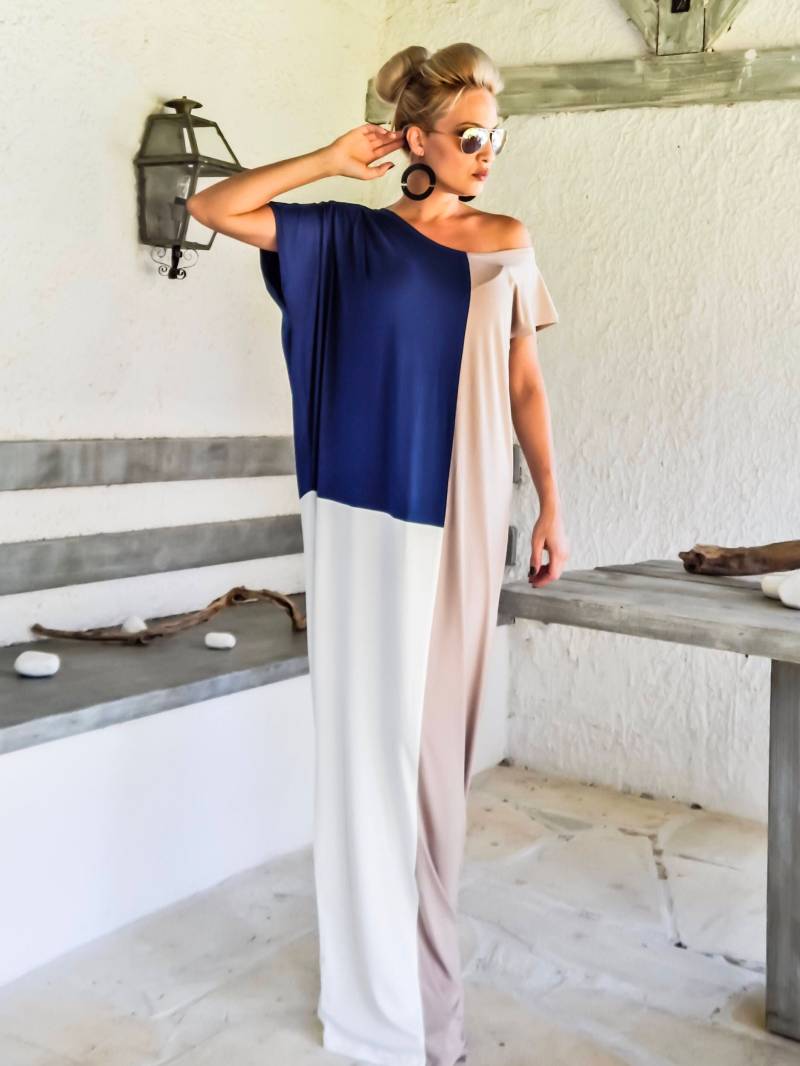Neues Maxi Kleid/Herbst Winter Plus Size Beiges Blaues Sommerkleid Kaftan #35239 von SynthiaCouture