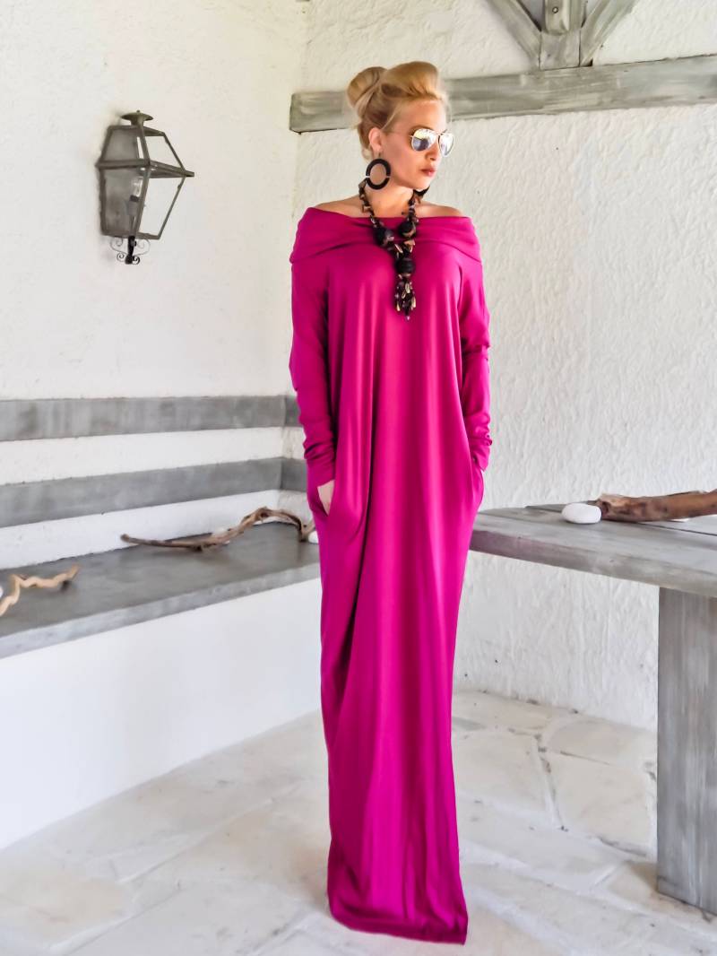 Neues Maxi Kleid/Winter Langarm Magenta Plus Size Rollkragen Taschen #35210 von SynthiaCouture