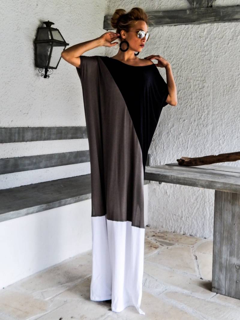 Schwarz Graues Maxi Kleid/Schwarzes Und Weißes Kaftan Graues Lockeres Plus Size #35076 von SynthiaCouture