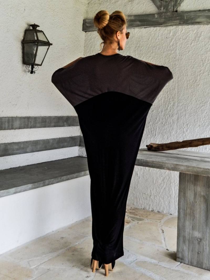 Schwarz Graues Maxikleid/Grauer Kaftan in Übergröße Lockeres Oversize Kleid #35077 von SynthiaCouture