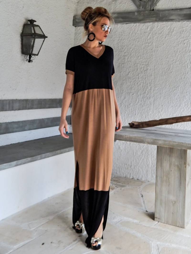 Schwarz & Taupe Maxi Kleid/Schwarzer Kaftan Plus Size Mit Schlitzen Schlitz Lockeres Oversize #35071 von SynthiaCouture