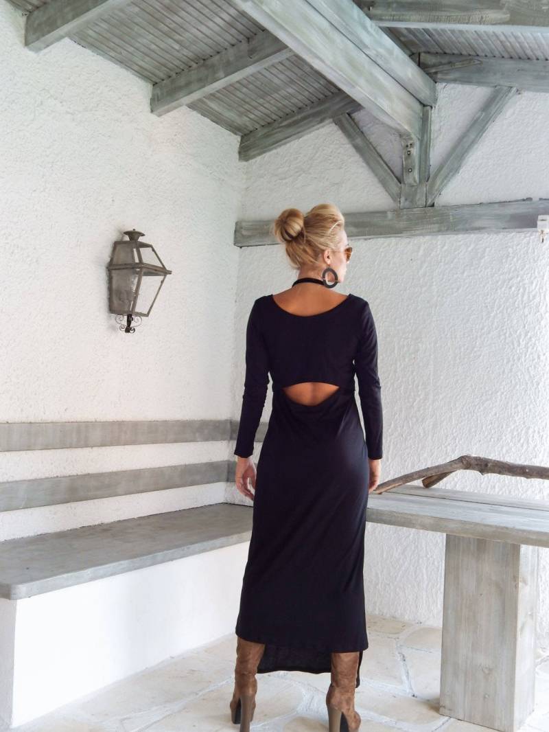 Schwarzes Maxi Kleid/Frauen-Schwarzes Cut Out Rückenfreies Langes Ärmelkleid in Übergröße #35026 von SynthiaCouture