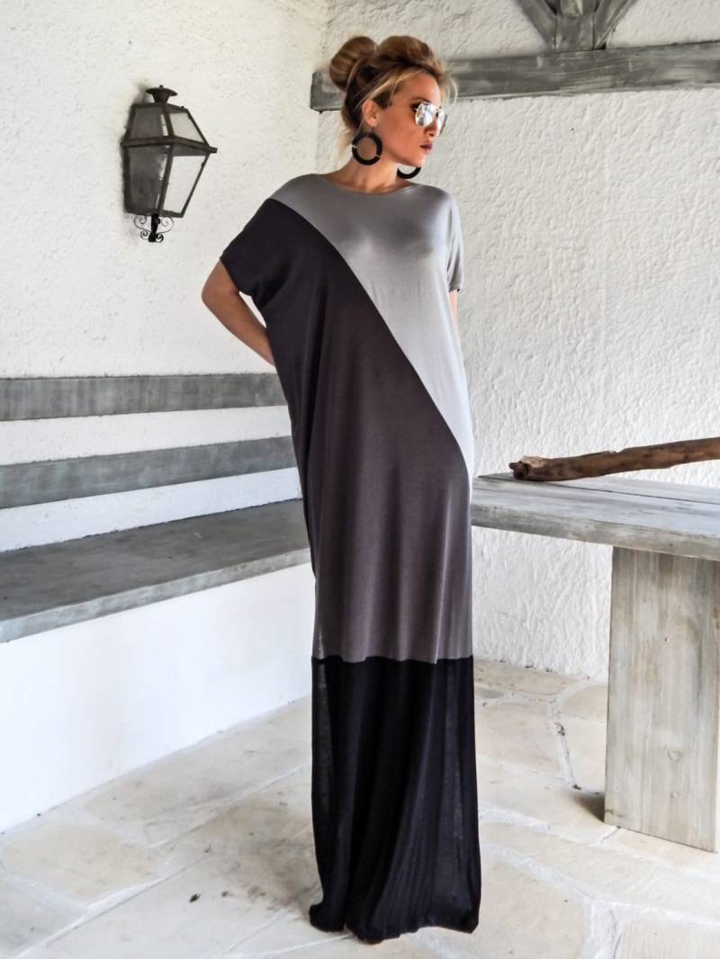 Schwarzgraues Maxi Kleid/Frauen Kaftan Plus Size Strandkleid Party Sommerkleid #35073 von SynthiaCouture