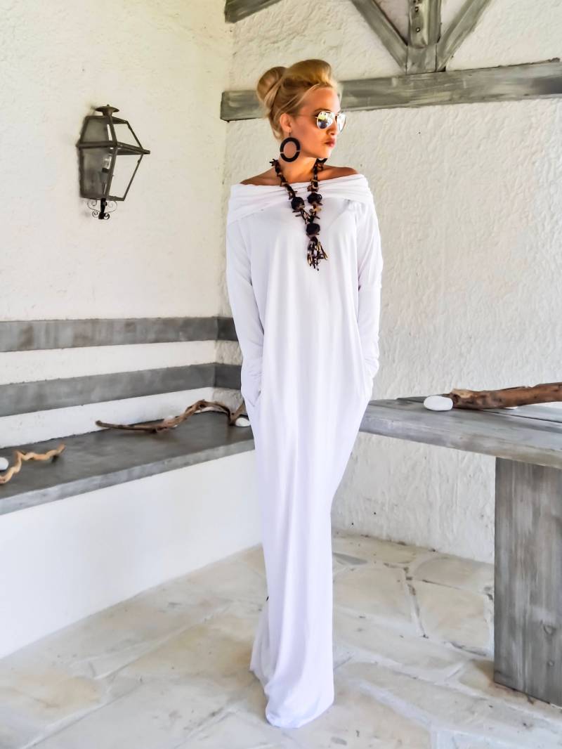 Weißes Maxi Kleid/Weißer Kaftan Plus Size Party Abendkleid #35217 von SynthiaCouture