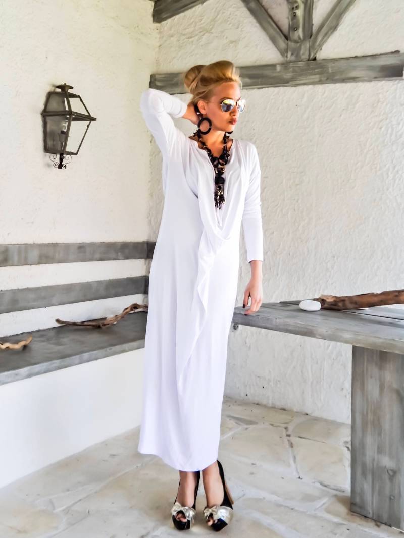 Weißes Maxi Kleid Mit Langen Ärmeln/Weißer Kaftan Plus Size Lockeres #35223 von SynthiaCouture