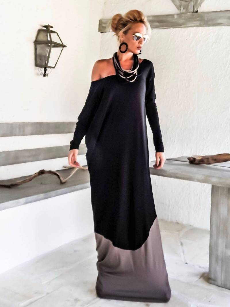 Winter Maxi Kleid/Schwarz Braunes Plus Size Langarm Elegantes Lockeres #35111 von SynthiaCouture