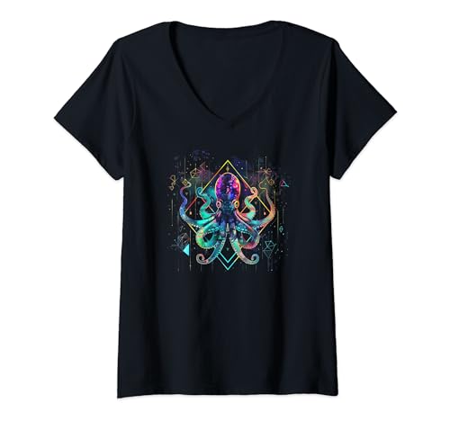 Damen Okto-geometrisches Oktopus-Design T-Shirt mit V-Ausschnitt von Synthwaive