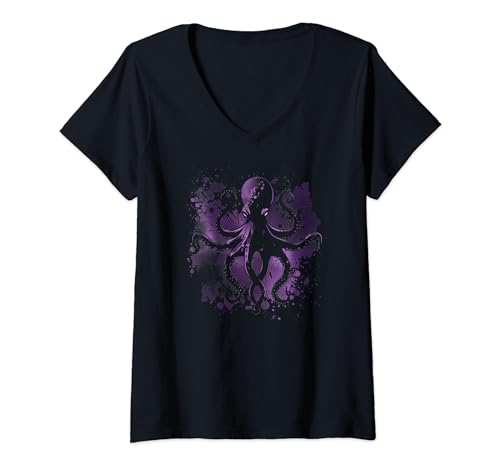 Damen Vereinendes Octopus-Design T-Shirt mit V-Ausschnitt von Synthwaive