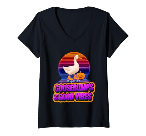 Damen Retro Halloween Gans Roller-Goose Goosebumps Synthwave T-Shirt mit V-Ausschnitt Damen Retro Halloween Gans Roller-Goose Goosebumps Synthwave T-Shirt mit V-Ausschnitt von Synthwave Retro Halloween Goose Vibes