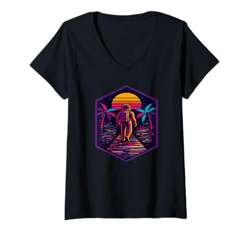Damen Vaporwave-Astronaut geht in den Sonnenuntergang, Retro-Science-Fiction-Design T-Shirt mit V-Ausschnitt von Synthwave Space Aesthetic Cosmic Vapor Clothing Co