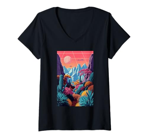Damen Wüstenlandschaft Sonnenuntergang Retro Futurismus Sonnenuntergang Natur T-Shirt mit V-Ausschnitt Damen Wüstenlandschaft Sonnenuntergang Retro Futurismus Sonnenuntergang Natur T-Shirt mit V-Ausschnitt von Synthwave Sunset Retro 80s Aesthetic
