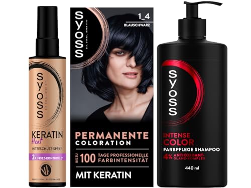 SYOSS Coloration 1_4 Blauschwarz (115 ml), 100% Grauabdeckung & Keratin Heat Hitzeschutz Spray (200 ml) bis zu 230 °C & Gliss Shampoo Colour Perfector (250 ml) für coloriertes und gefärbtes Haar von Syoss