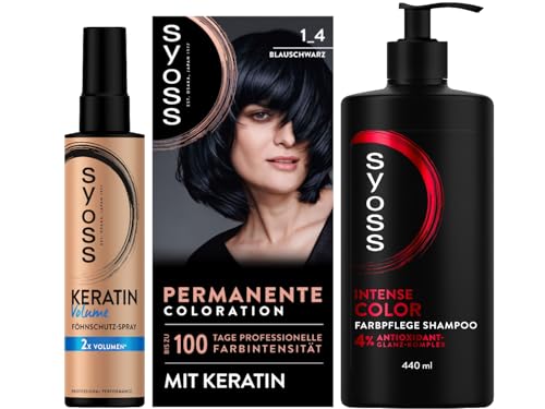 SYOSS Coloration 1_4 Blauschwarz (115 ml), 100% Grauabdeckung & Volumen Föhnschutz-Spray (200 ml), Hitzeschutz bis zu 230 °C, mit Keratin & Gliss Shampoo Colour Perfector (250 ml) von Syoss