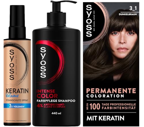 SYOSS Coloration 3_1 Dunkelbraun (115 ml) professionelle Farbintensität & Shampoo Intense Color Farbpflege Shampoo (440 ml) Farbschutz & Keratin Volume Föhnschutz-Spray (200 ml) von Syoss