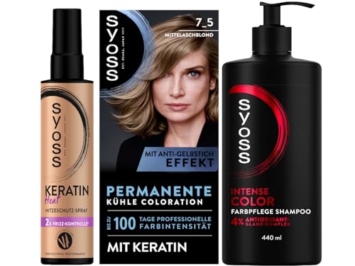 SYOSS Coloration 7_5 Mittelaschblond (115 ml), 100% Grauabdeckung & Keratin Heat Hitzeschutz Spray (200 ml) bis zu 230 °C & Gliss Shampoo Colour Perfector (250 ml) für coloriertes und gefärbtes Haar von Syoss