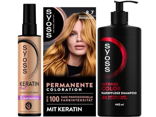 SYOSS Coloration 8_7 Honigblond (115 ml), 100% Grauabdeckung & Keratin Heat Hitzeschutz Spray (200 ml) bis zu 230 °C & Gliss Shampoo Colour Perfector (250 ml) für coloriertes und gefärbtes Haar von Syoss