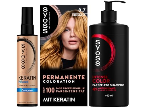 SYOSS Coloration 8_7 Honigblond (115 ml), 100% Grauabdeckung & Volumen Föhnschutz-Spray (200 ml), Hitzeschutz bis zu 230 °C, mit Keratin & Gliss Shampoo Colour Perfector (250 ml) von Syoss
