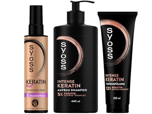 SYOSS Shampoo Intense Keratin Aufbau Shampoo (440 ml) & Tiefenspülung (250 ml) & Heat Hitzeschutz Spray (200 ml) stärkt schwaches, brüchiges Haar, Hitzeschutz bis zu 230 °C, mit Frizz-Kontrolle von Syoss