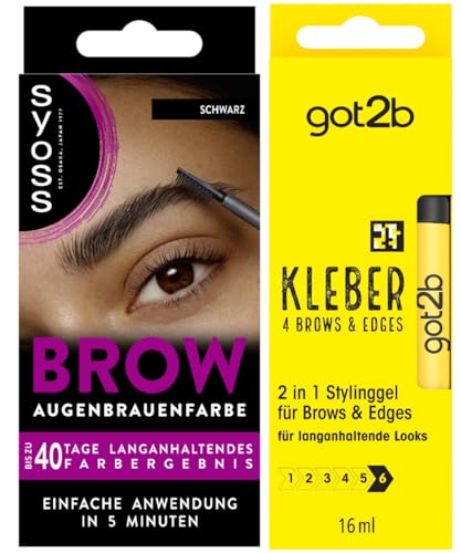 Syoss Augenbrauen Kit Augenbrauenfarbe 1–1 Schwarz Stufe 3 (17 ml) für einen natürlichen Look & got2b Kleber 4 Brows & Edges (16 ml), 2in1 Brow Gel & Haar Mascara, Stylinggel von Syoss