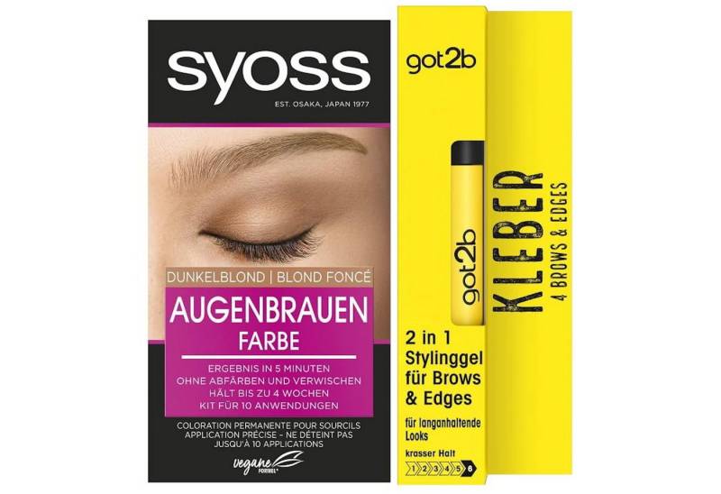 Syoss Augenbrauenfarbe Dunkelblond 17ml & GOT2B 2in1 Stylinggel Kleber 4 Brows & Edges 16ml, Natürlicher Look & langanhaltendes Ergebnis von Syoss