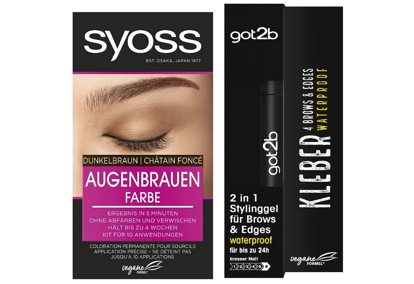 Syoss Augenbrauenfarbe Dunkelbraun 17ml & GOT2B 2in1 Stylinggel 4 Brows & Edges 16ml, 2-tlg., langanhaltend, schweiß- & wasserfest bis zu 24h von Syoss
